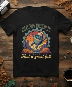 Humpty Dumpty Had a great fall robot t-shirt design with pumpkins and city background