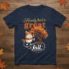 Humpty had a great fall text with cute egg character and autumn tree on a navy t-shirt