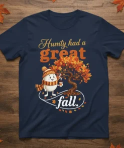 Humpty had a great fall text with cute egg character and autumn tree on a navy t-shirt