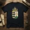 Hungarian Coat of Arms t-shirt design featuring a detailed royal crown and shield with horizontal stripes and a double cross