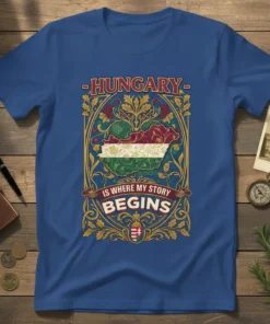 Hungary Is Where My Story Begins t-shirt design with Hungarian flag map and ornate border