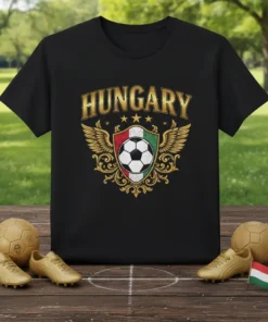 Black t-shirt with "HUNGARY" in gold lettering above a soccer ball crest with Hungarian flag colors and gold wings