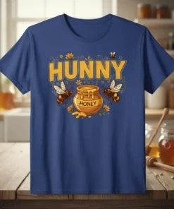 Hunny Honey T-Shirt design featuring a pot of honey with two bees and floral accents