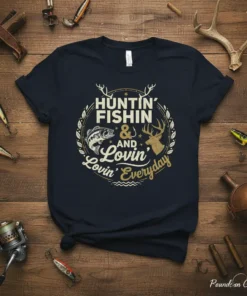 Huntin' Fishin' & And text design featuring detailed typography on quality t-shirt