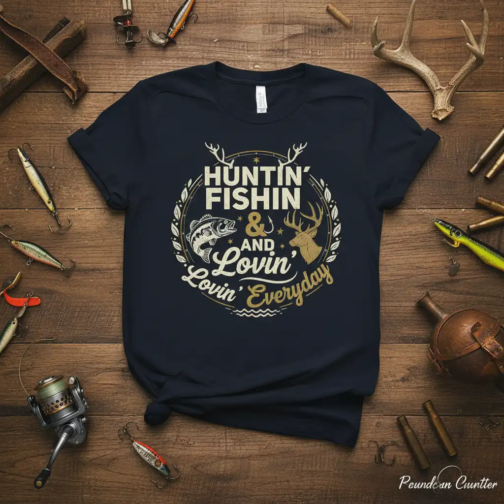 Huntin' Fishin' & And quote printed with eye-catching design on breathable fabric t-shirt design