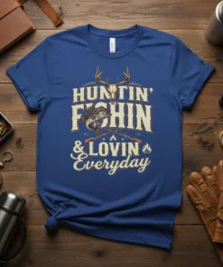 Huntin' Fishin' & Lovin' Everyday text design with deer antlers, bass fish, and crossed rifles graphic on a blue t-shirt