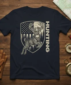 Hunting Deer American Flag graphic tee featuring a leaping buck against a distressed US flag and forest background