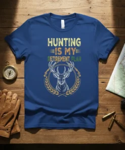 Hunting Is My Retirement Plan t-shirt with a detailed deer head graphic and crossed rifle accents