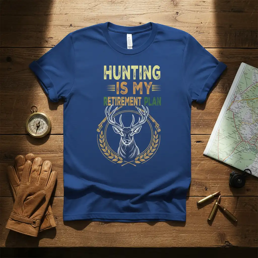 Hunting Is My Retirement Plan text with a majestic deer head and crossed rifles graphic on a blue t-shirt