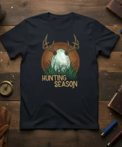 Hunting Season Easter Egg T-Shirt featuring a deer antler-adorned egg among grass