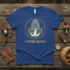 Hunting Season t-shirt featuring a detailed illustration of morel mushrooms surrounded by a golden wreath