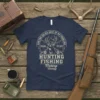 Navy t-shirt with "Hunting Solves Most of My Problems Fishing The Rest Hunting Fishing Fishing" text and a deer graphic