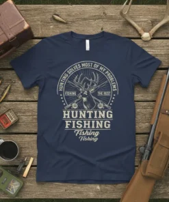 Navy t-shirt with "Hunting Solves Most of My Problems Fishing The Rest Hunting Fishing Fishing" text and a deer graphic