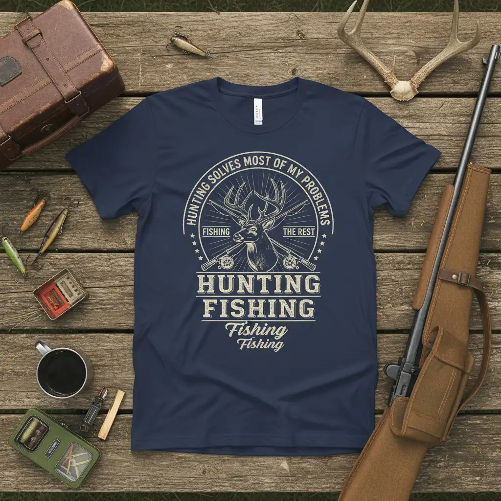 Hunting Solves Most of My Problems Fishing The Rest Hunting Fishing Fishing quote with deer graphic on navy t-shirt