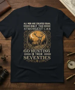T-shirt with text "All Men Are Created Equal Only The Strongest Can Go Hunting In Their Seventies" and a majestic