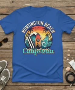Huntington Beach California surf t-shirt with vintage sunset graphic and surfboards