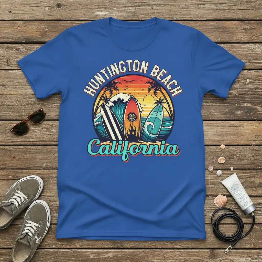 Huntington Beach California surf t-shirt featuring vintage sunset, palm trees, and surfboards graphic