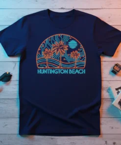 Huntington Beach text design with retro sunset, palm trees, and circuit board pattern