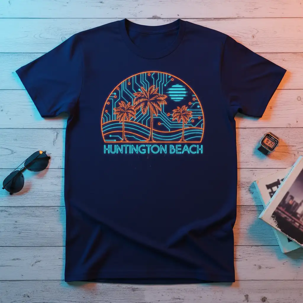 Huntington Beach text with retro sunset and palm trees on a navy t-shirt, featuring circuit board design elements