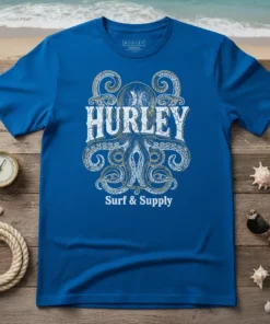 Blue Hurley Surf & Supply t-shirt with a distressed white octopus graphic and Hurley logo