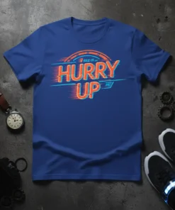 Hurry Up text design with speedometer graphic and motion blur effect on a blue t-shirt