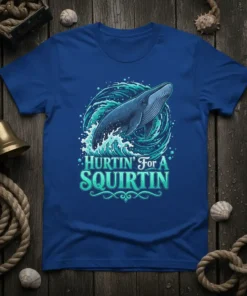 Blue t-shirt with a blue whale breaching through waves, text reads "Hurtin' For A Squirtin" in decorative font