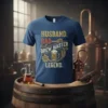 Husband Dad Brew Master Legend text design with beer mug and gears on a navy t-shirt