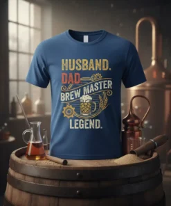Husband Dad Brew Master Legend text design with beer mug and gears on a navy t-shirt