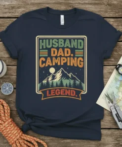 Husband Dad Camping Legend t-shirt design featuring retro mountain graphic and vintage text