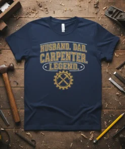 Navy blue t-shirt with "Husband. Dad. Carpenter. Legend." in gold distressed text and a gear graphic with crossed hammers