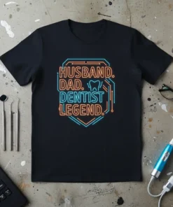 Husband Dad Dentist Legend text design with a tooth graphic on a black t-shirt