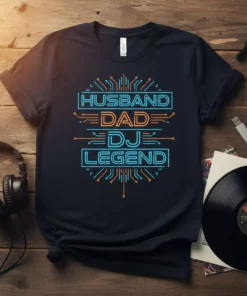 Husband Dad DJ Legend text in neon blue and orange on a black t-shirt, featuring circuit board design elements