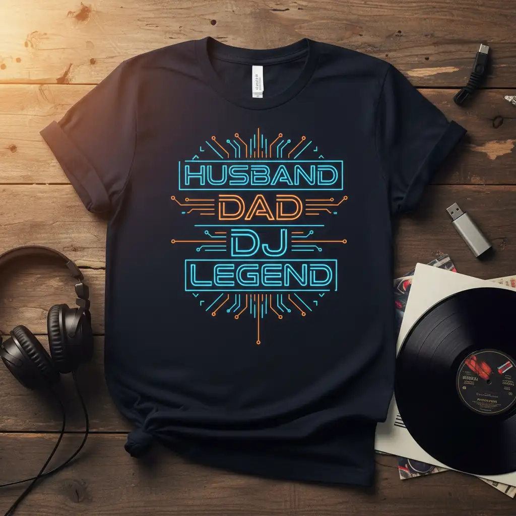 Husband Dad DJ Legend text in neon blue and orange with circuit design elements on a black tee