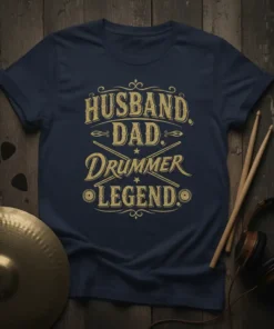 Husband Dad Drummer Legend text design on a navy t-shirt with drumsticks graphic