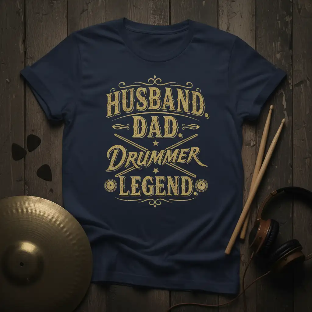 Husband Dad Drummer Legend quote on a navy t-shirt with drumstick graphic