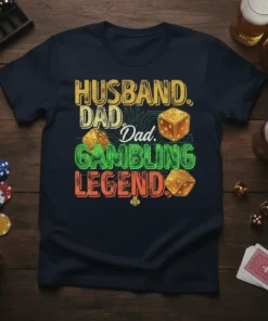 Husband Dad Gambling Legend t-shirt with dice and casino chip graphics. Features bold text in yellow, green, and orange