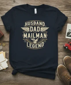 Husband Dad Mailman Legend text design with wings and eagle graphic on a navy t-shirt