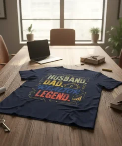 Husband Dad Realtor Legend text design on a navy blue t-shirt with graphic elements like a house and keys