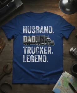 Husband Dad Trucker Legend t-shirt with distressed white text and a graphic of a semi-truck
