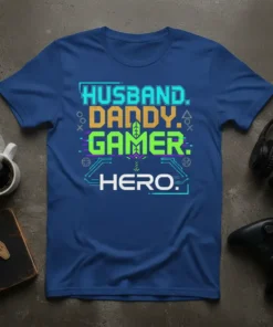 Husband Daddy Gamer Hero text design with gaming icons and futuristic circuit elements on a blue t-shirt