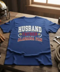 Husband Father Alabama Fan t-shirt with distressed typography in white and red, showing support for Alabama