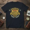 Husband Father Protector Hero quote on a navy t-shirt with axe graphics and laurel wreath