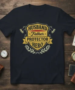 Husband Father Protector Hero quote on a navy t-shirt with axe graphics and laurel wreath