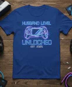Husband Level Unlocked Est. 2025 T-Shirt with neon gaming controller graphic