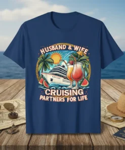 Husband & Wife Cruising Partners for Life text with cruise ship, cocktails, and palm trees graphic