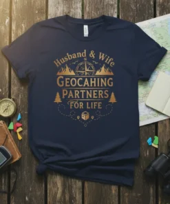 Husband & Wife Geocahing Partners For Life text design with compass and mountains graphic on a navy t-shirt