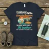 Husband and Wife Camping Partners for Life quote on a dark navy t-shirt with a vintage camper and car graphic