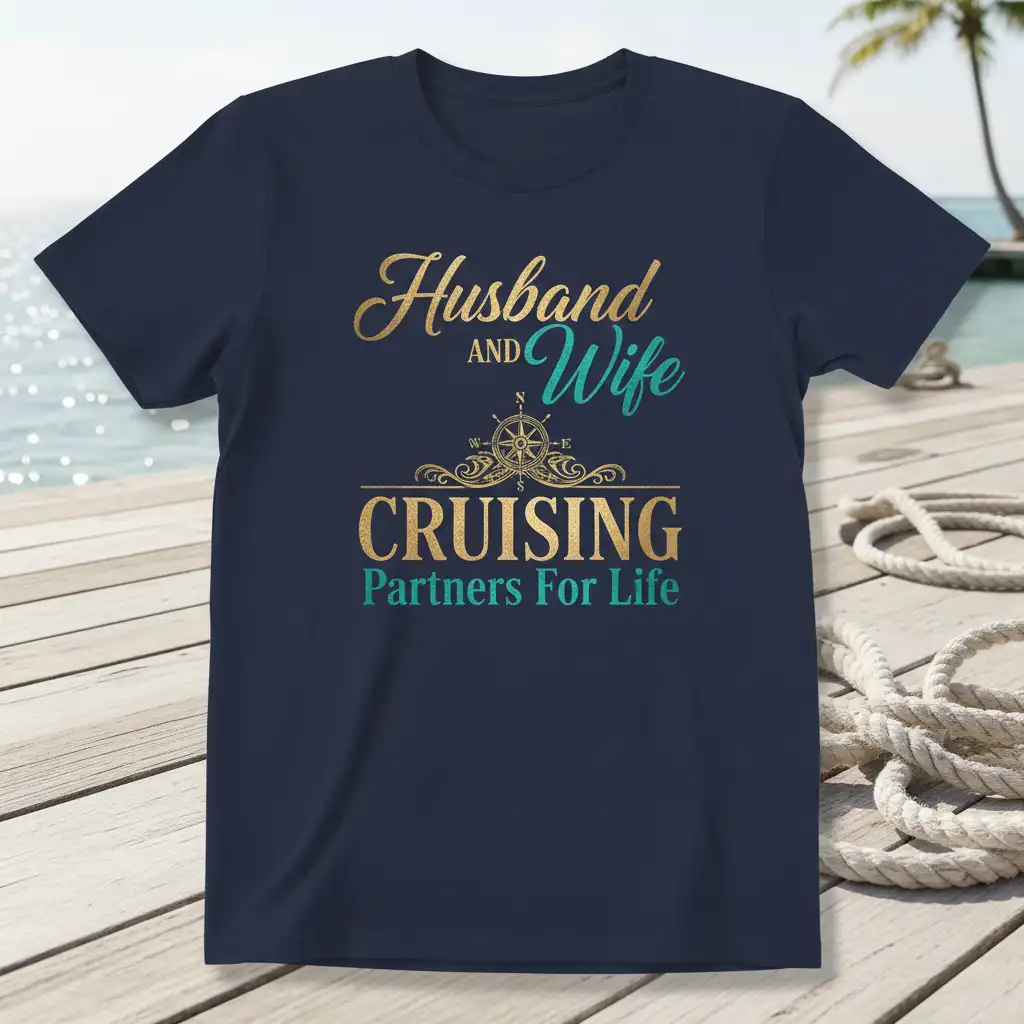 Husband AND Wife CRUISING Partners For Life text with compass graphic on navy t-shirt