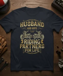 Husband and Wife Riding Partners For Life t-shirt with two vintage motorcycles and golden text