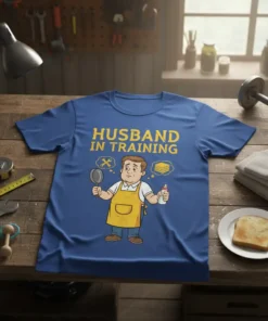 Husband In Training text with cartoon man holding a baby bottle and frying pan on a blue t-shirt